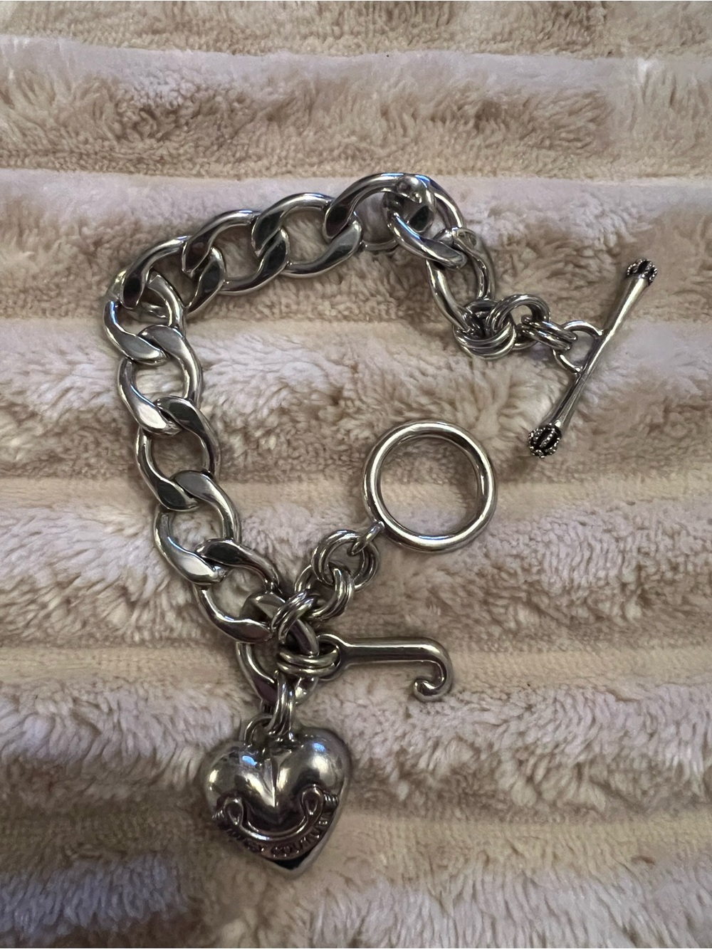 Vintage Juicy Couture Sterling Silver Heart Charm Toggle Bracelet - Silver